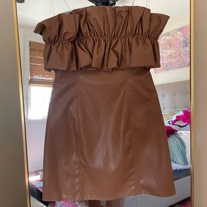 Brown leather strapless dress